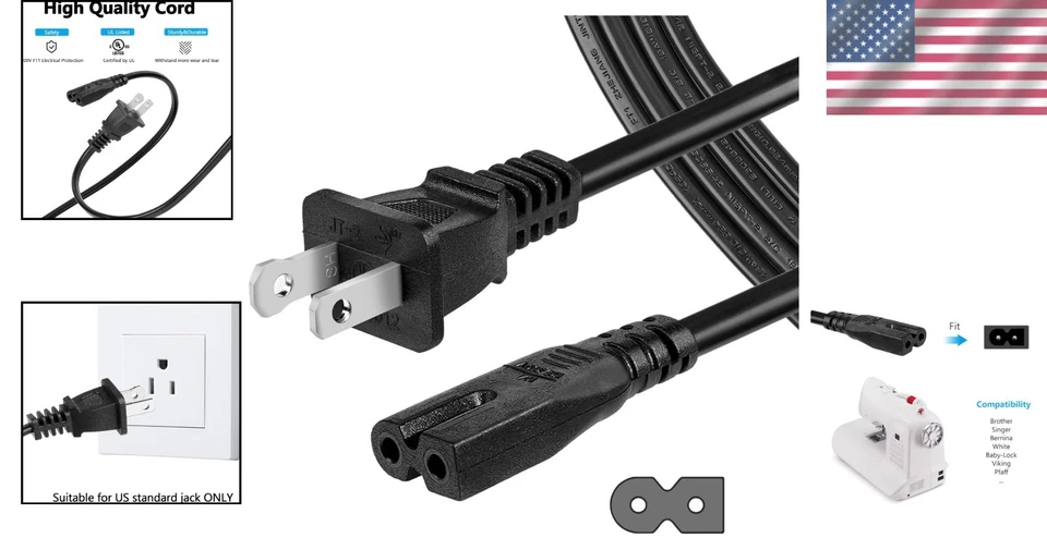 Cable de alimentación de CA de 6 pies para máquinas de coser Brother, Singer, Bernina y Viking Foto 2 de 4