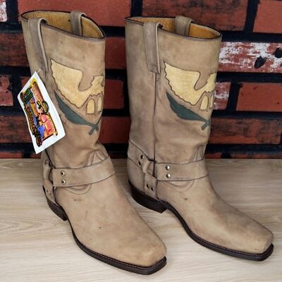 Men's Harness Cowboy Biker Boots 9.5 Caborca Mexico Handmade Distressed Leather