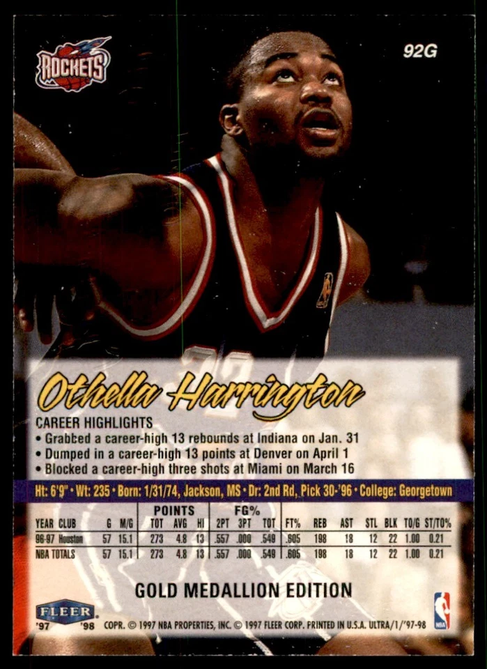 1997-98 Fleer Ultra Othella Harrington Basketball Cards #92G - Image 2 of 2