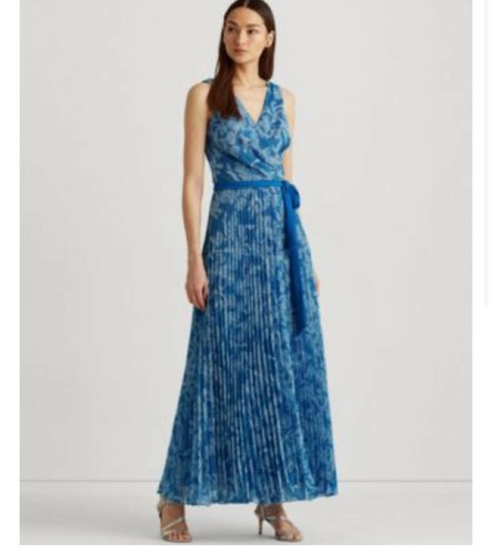 Lauren Ralph Lauren Floral Pleated Georgette Gown - Bondi Blue Multi