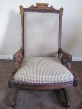 ANTIQUE 1878 M & H  SCHRENKEISEN VICTORIAN WALNUT GILDED AGE ROCKER  R-UPOLSTERD