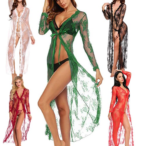 Women Sexy Lingerie See Through Lace Dress Sleepwear Sheer Kimono Robe Nightwear - Picture 4 of 52