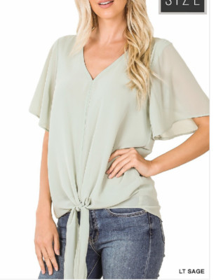  Zenana 1X Double Lyered Chiffon Tie Front Bottom Short Flutter Sleeve Top 