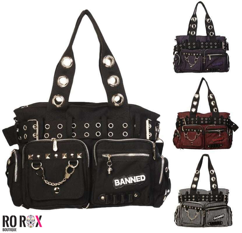 Banned Striped Punk Goth Handcuff Handbag - Nugoth Rock Emo Canvas Shoulder Bag