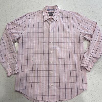 Hickey Freeman Men's Shirt Size M Pink White Check Button Up Long Sleeve Pocket
