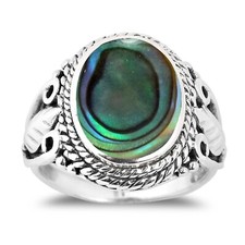 Vintage Inspired Round Abalone Shell with Leaf Accents Sterling Silver Ring   8