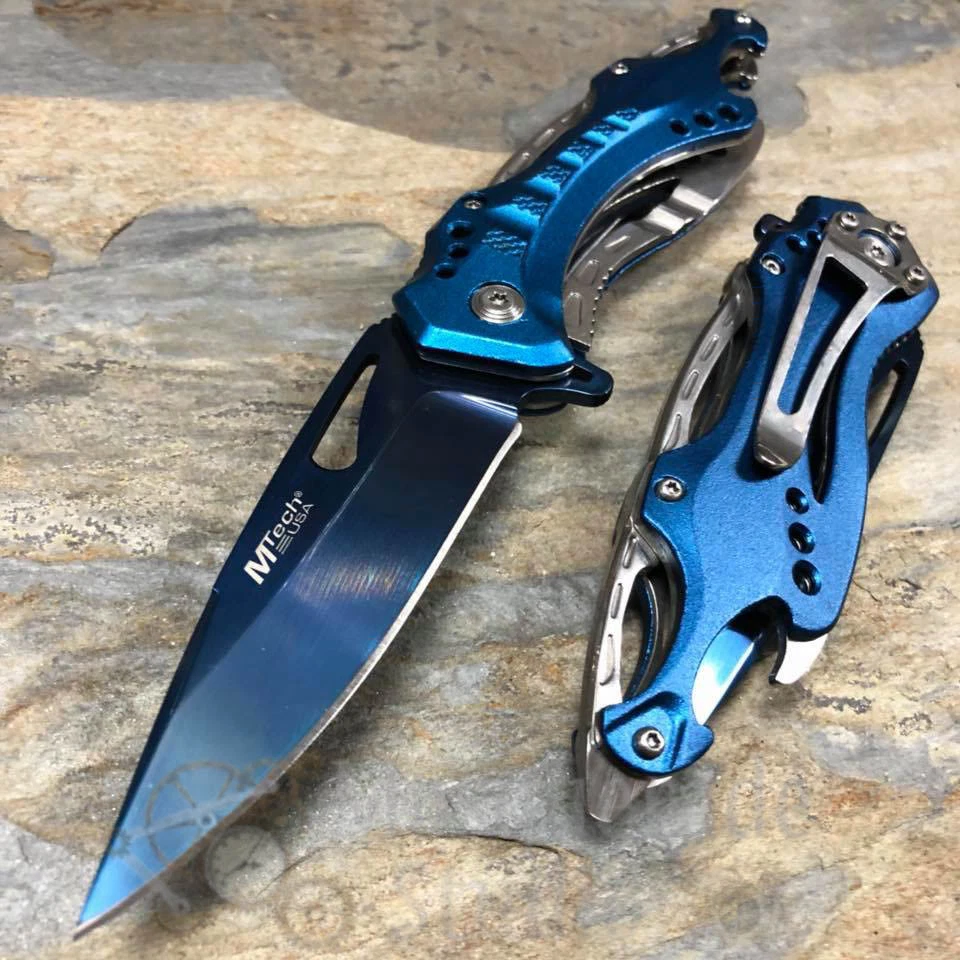 Navaja de Bolsillo MTech Hoja Lisa Táctica Caza Asistida por Resorte [Azul/Plateado] Foto 3 de 4
