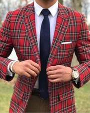 Scotland Men's Suits Red Check Slim Fit Plaid Blazer Vintage Tuxedos 2 Pieces