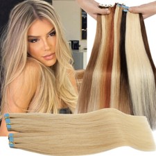 100g Tape In Human Hair Extensions Full Head Skin Weft Brown Ombre 40pcs Long US