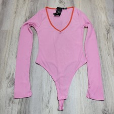 Women's Boohoo Scoop Contrast Trim Flare Sleeve Bodysuit Pink Ribbed Sz 2 NWT