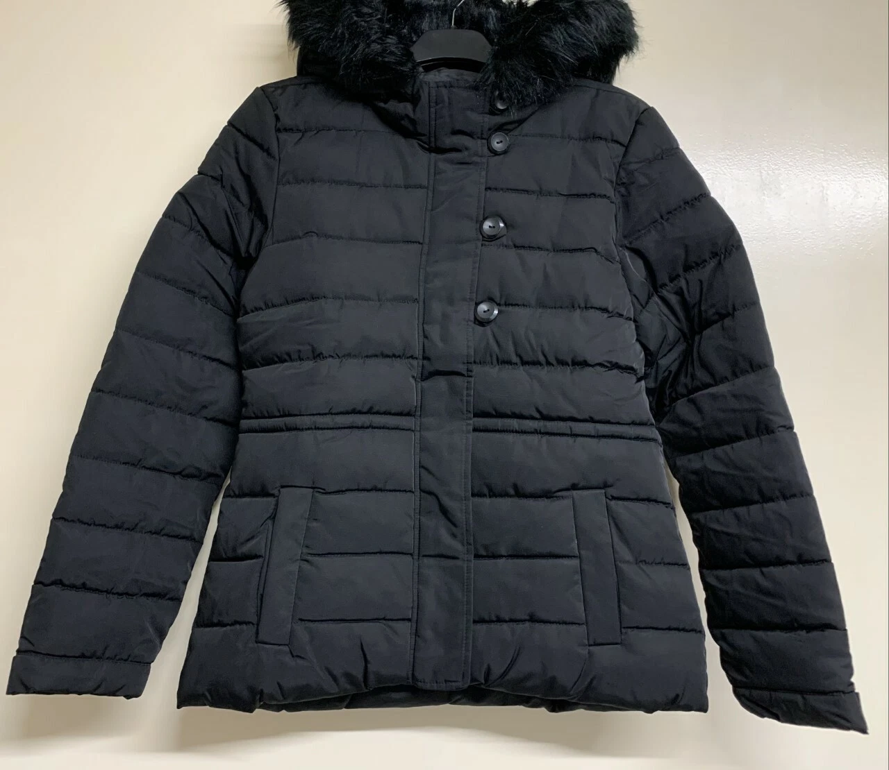 EX Ladies Black Quilted Padded Short Coat Fur Hooded Puffer Jacket RRP 55 BR195