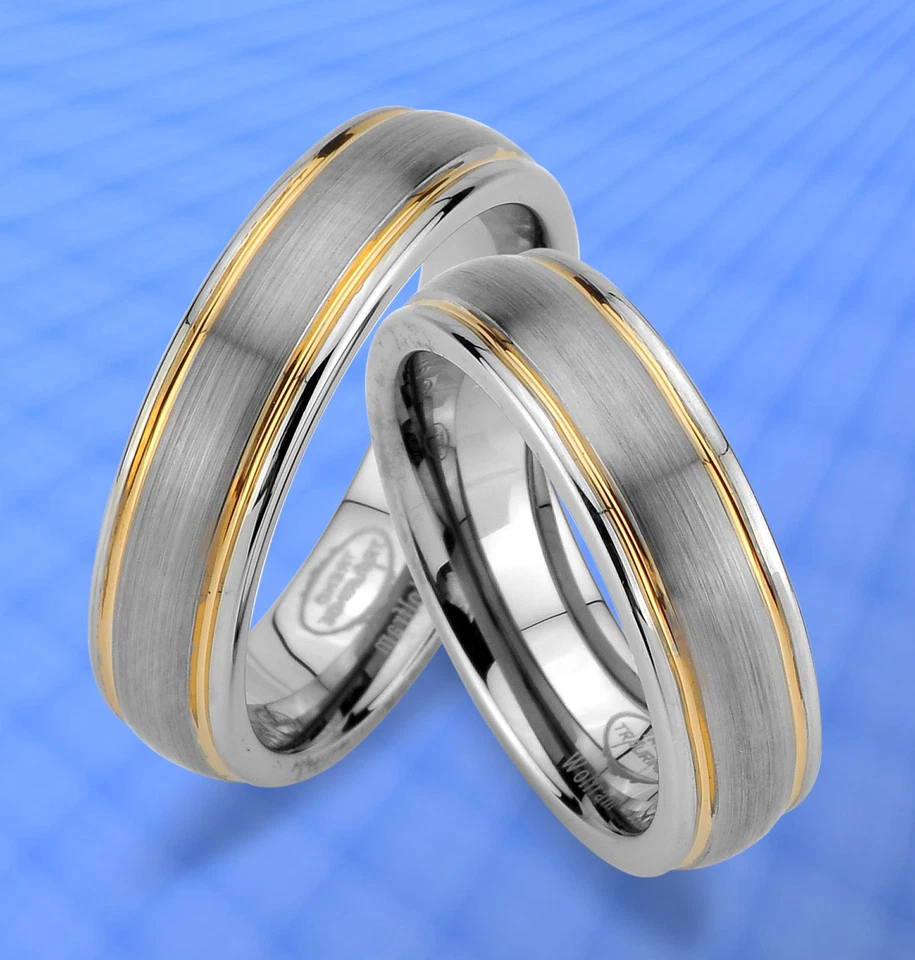 2 Trauringe Eheringe Ringe , WOLFRAM , inkl. Lasergravur , Gold Platiert , JW28 - Bild 1 von 1