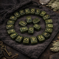 Green Jade Rune Stones Set 25 Engraved Gemstone Runes Natural Crystal