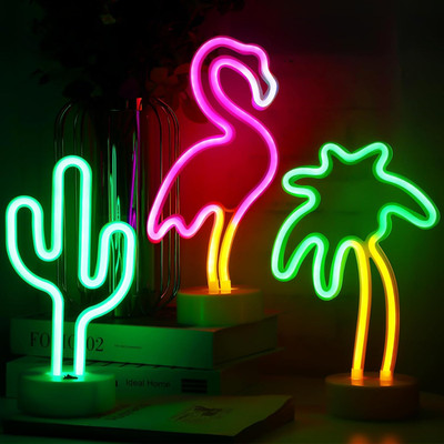 3 Pcs Neon Signs Pink Flamingo Cactus Palm Tree Neon Lights Sign Battery/Usb Pow