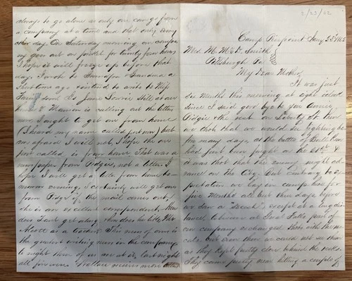 Civil War Letter 1862 - KILLED IN ACTION, John McDonald Smith, 38th PA