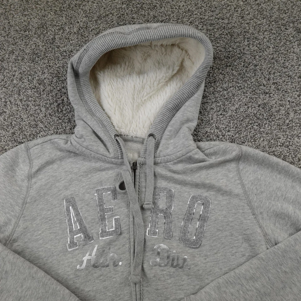 Aeropostale Sudadera con Capucha Mujer L Gris Sherpa Forrada Cremallera Completa Sudadera Chaqueta 00s Y2K Foto 3 de 4