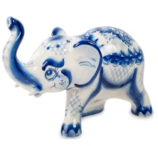Elephant Gzhel Porcelain Figurine Ceramic Sculpture White and Blue
