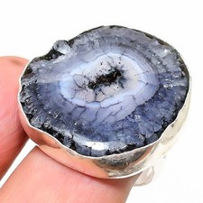 Natural Black Solar Quartz Gemstone 925 Sterling Silver Ring Size Adjustable C74