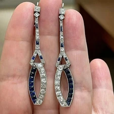 Art Deco Style Lab Created Diamond Sapphire Drop Dangle Earrings 14K White Gold