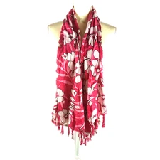 Hawaiian Scarf Rectangle 56 X 20 Red White Pink Hibiscus Tassel