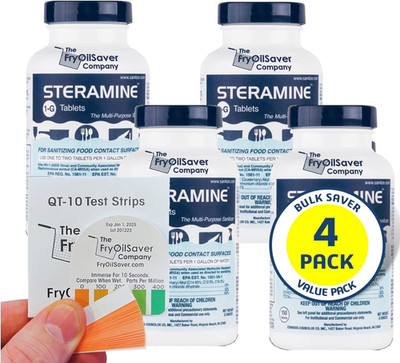 4 Bottles Steramine Sanitizer Tablets - 15X QT-10 Test Strip - Multi Purpose Ste