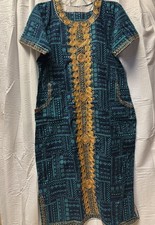 African Dashiki Style Tunic Dress Teal Blue Gold Embroidery Long Kaftan New L/XL