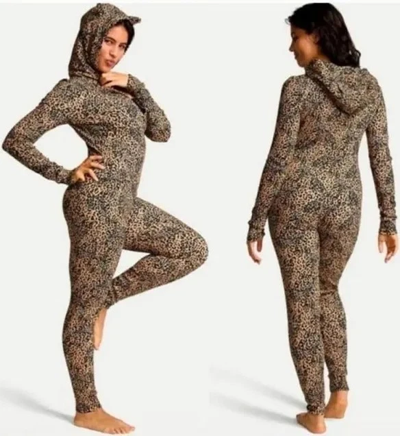 Victoria's Secret Pink Thermal Hooded Sleep One piece Pajama Leopard,size M New - Image 4 of 4