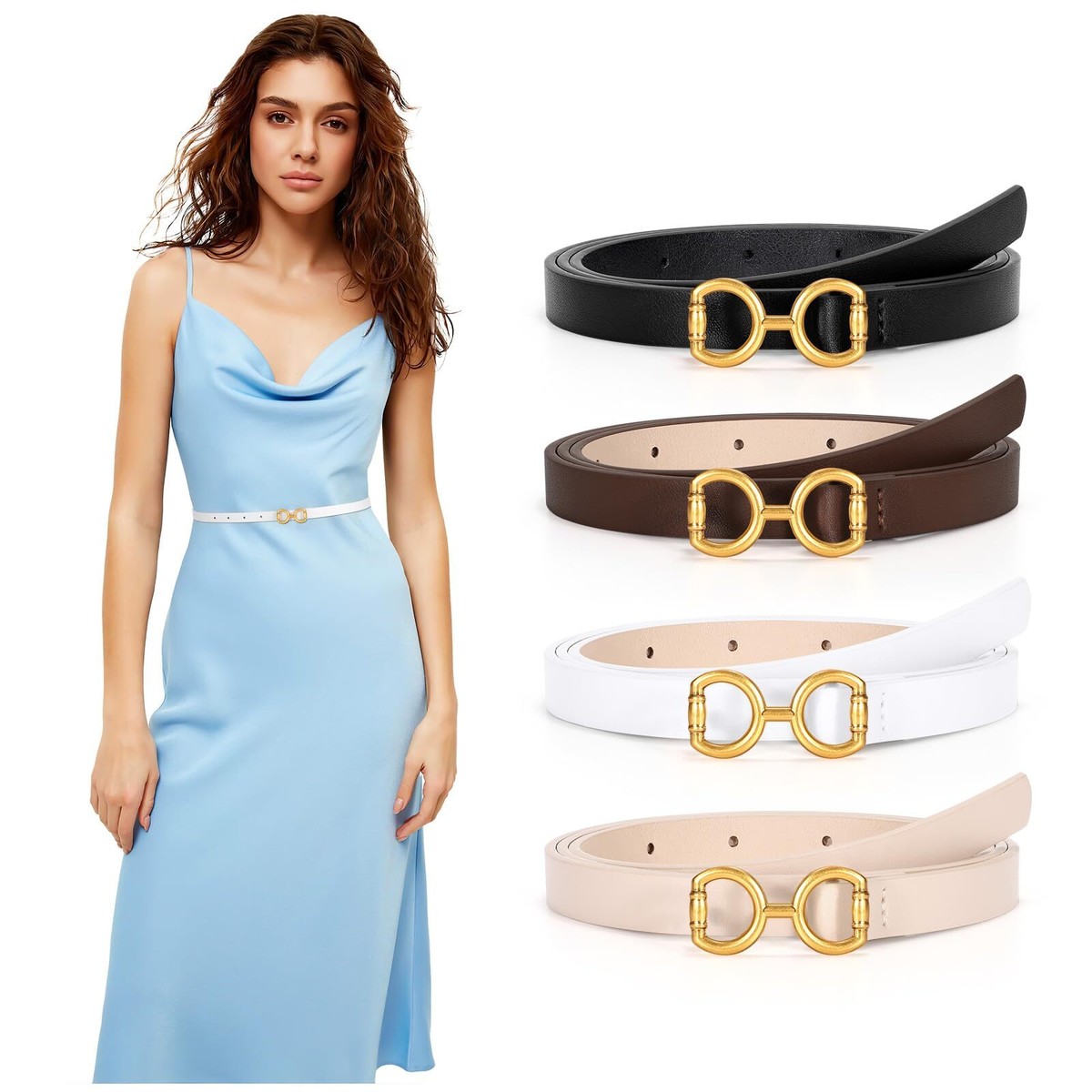 CESCOSI 4 Pack Women Skinny Leather Belts for Dresses Thin 