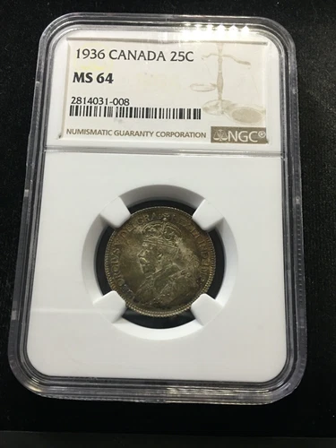 1936  NGC Graded Canadian, 25¢ Cent, **MS-64** #008