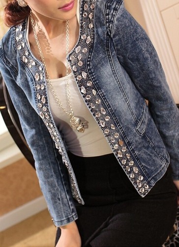 New Women Rhinestone Sequin Jacket Jacket Spring Retro Short Denim Jacket Tops - Bild 6 von 12