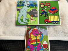3 Vtge Playskool Wooden Puzzles - -Barney, Things with Wheels  Tyrannosaurua