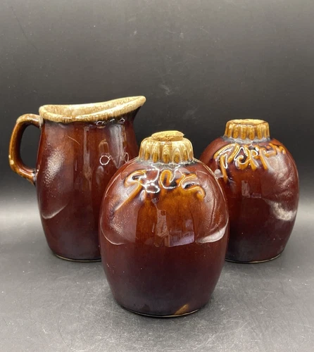 Hull Pottery Brown Drip Glaze Salt & Pepper Shakers with Creamer