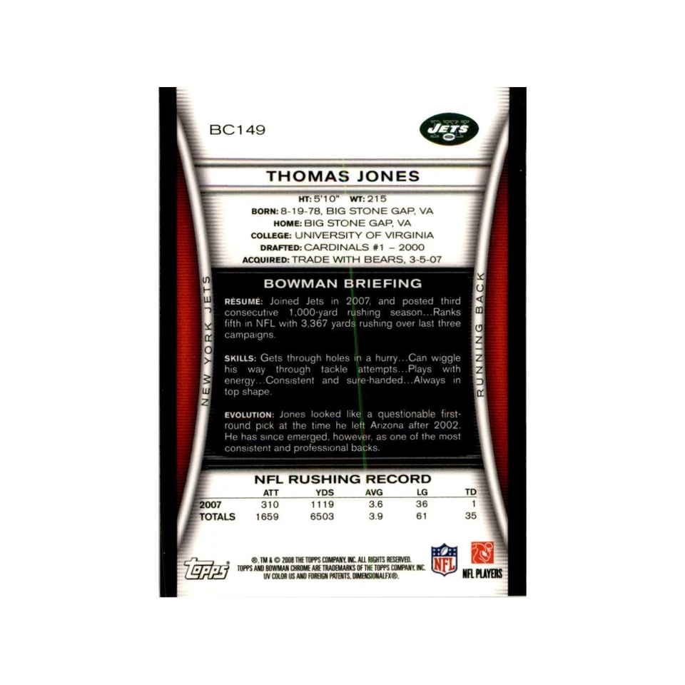 2008 Bowman Chrome Thomas Jones Football Cards #149 - Image 2 of 3