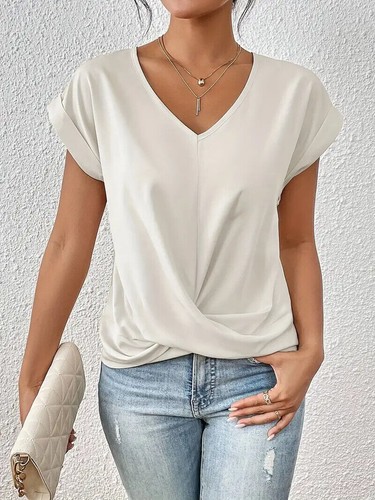 Women's Summer V Neck Top Short Sleeve Blouse Casual Loose Shirt Plus Size 8-22# - Picture 13 of 50