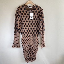 Zara Puff Sleeve Ruched Draped Polka Dots Brown Black Mini Dress Size Large NEW