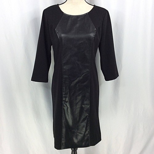 Beige by ECI Dress Womens Size 12 Black Faux Leather Panel 3/4 Sleeve Stretch