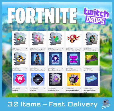Fortnite Twitch Drops - Backs + Wraps + Sprays + MORE - 32 Items