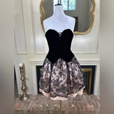 Vintage Gunne Sax Velvet Corset Dress Pink Satin Lace Goth Prom Strapless Party