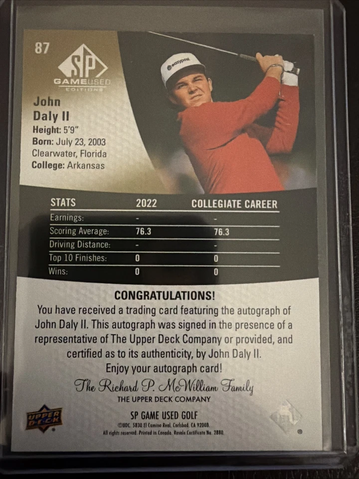 2024 SP Game Used Golf John Daly II RC Auto #87 Rookie - Image 2 of 2