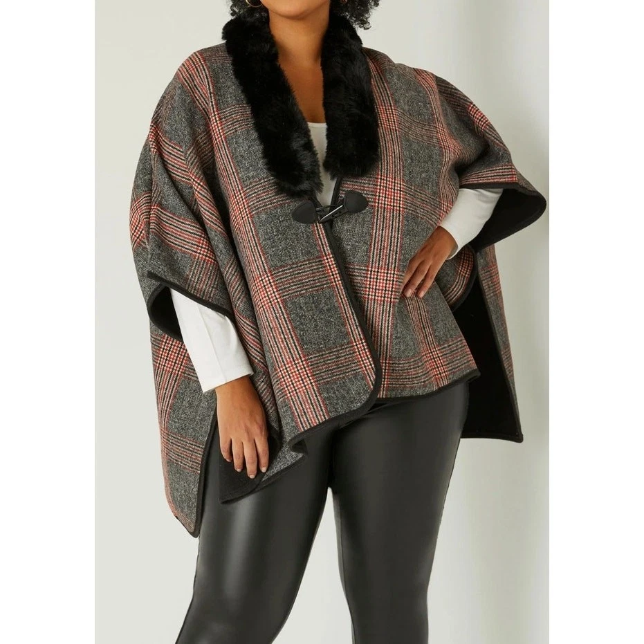 JONES NEW YORK Women's Plaid Faux Fur Trimmed Ruana Shawl Poncho | NWT