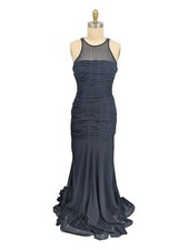 00973 Halston Ruched Chiffon Mermaid Maxi Dress Dark Blue size 14 evening formal