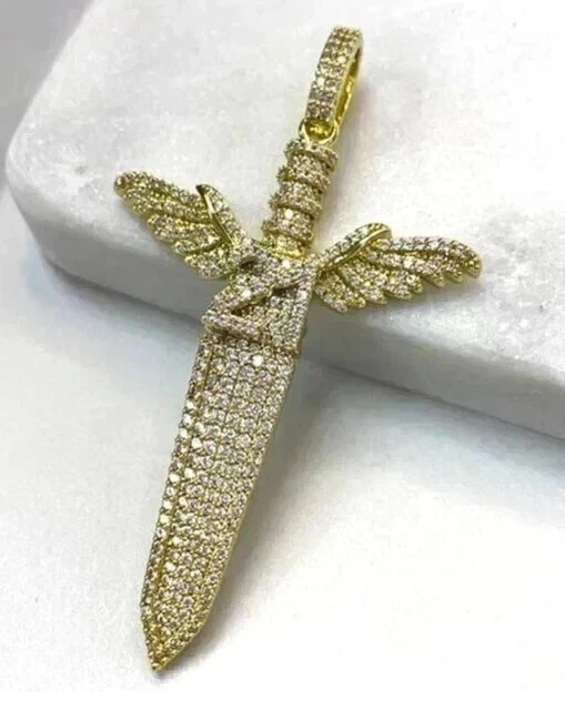 Pingente cruzado masculino extravagante corte redondo 2 quilates criado em laboratório folheado a ouro amarelo 14K - Imagem 3 de 4