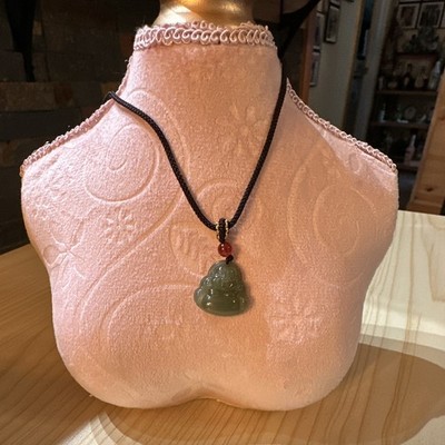 Green Jade Carved Buddha Charm Pendant Necklace, Green Cord Chain