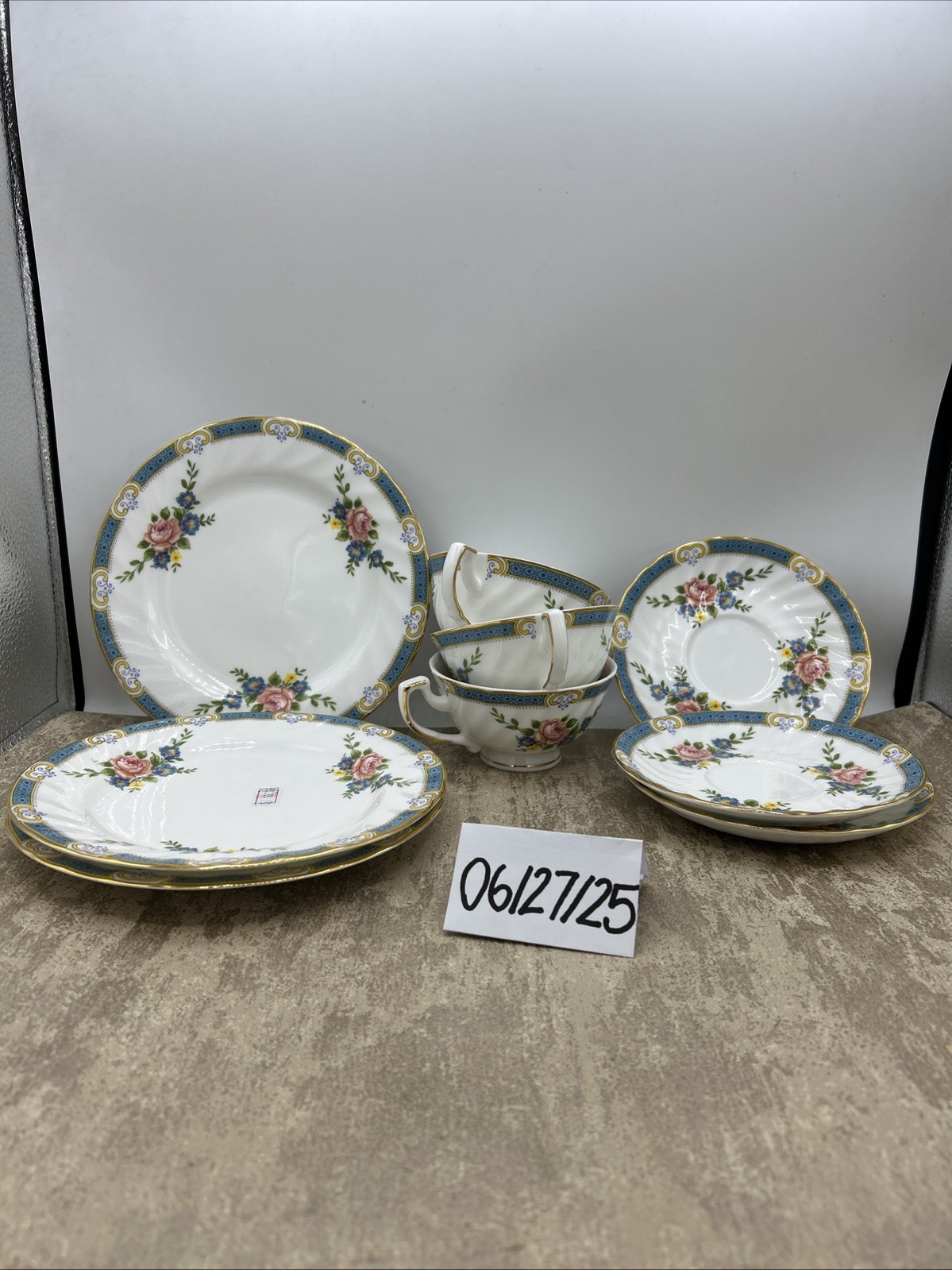 Shabby Chic Vintage China Tea Set 3 Trios (Cup, Saucer, Dessert Plate)