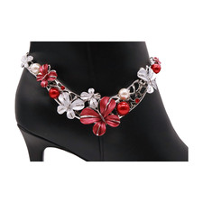 Women Silver Metal Chain Boot Bracelet Shoe Butterfly Charm Red Floral Elegant