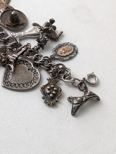 Vintage Sterling Silver Charm Bracelet 1940s- 1960s Loaded 27 Sterling Charms - Picture 10 of 13