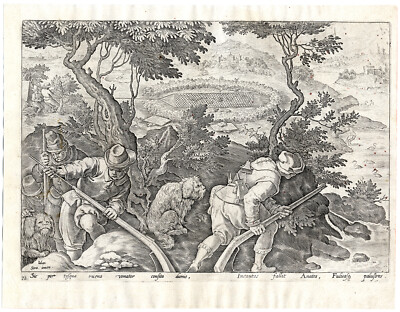 Antiker Jagddruck-ENTE-FLUSS-SCHLEPPNET-MUSKETE-JAGD-Nr. 72-Stradanus-1615