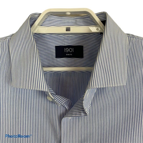 1901 Trim Fit Men's size 17.5 34-34 Blue White Striped Long Sleeve Shirt - Picture 3 of 7