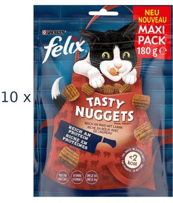 10 x 180 g Felix Tasty Nuggets Rind Lamm (  24,61/kg) proteinreicher Katzensnack