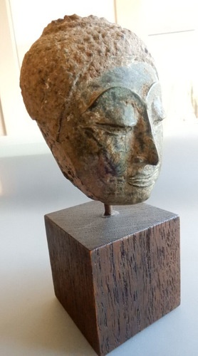 16th Century 3" Tall Bronze Buddha bust, now mounted on steel pole on wood stand
